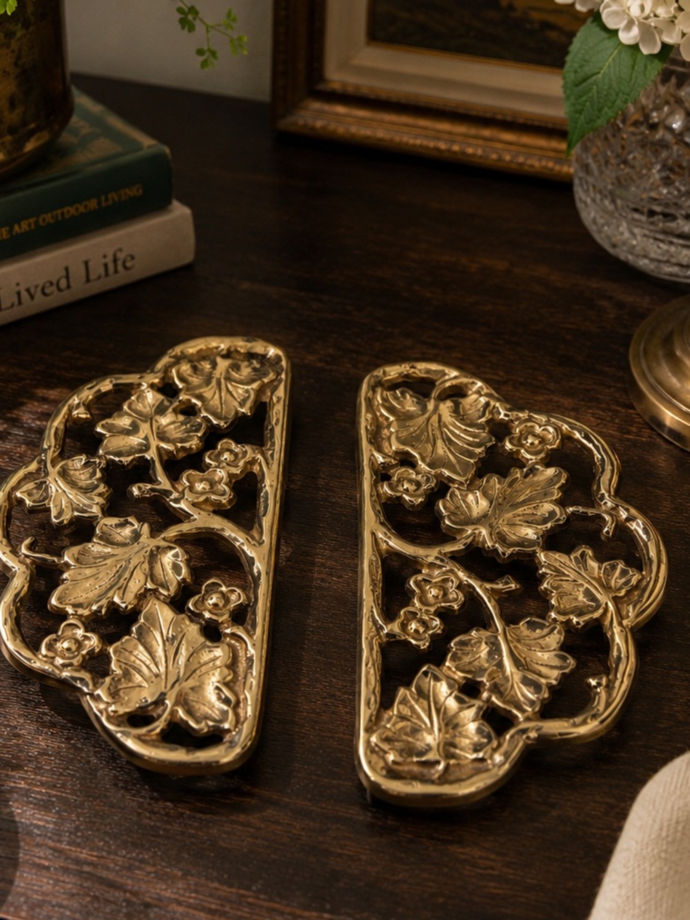 Vintage Harvin Grandmillennial Brass Trivet Set | English Cottage Heirloom Decor